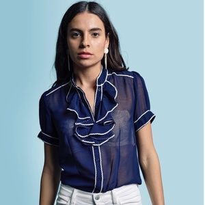 Navy blue silk blouse by The Shirt by Rochelle Behrens